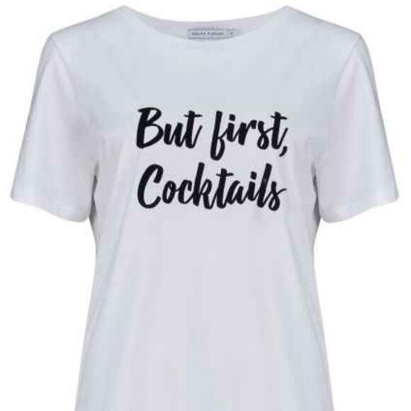 SOUTH PARADE Lola Top But First Cocktails Short Sleeve Cotton Tee White Black XS - Picture 4 of 9